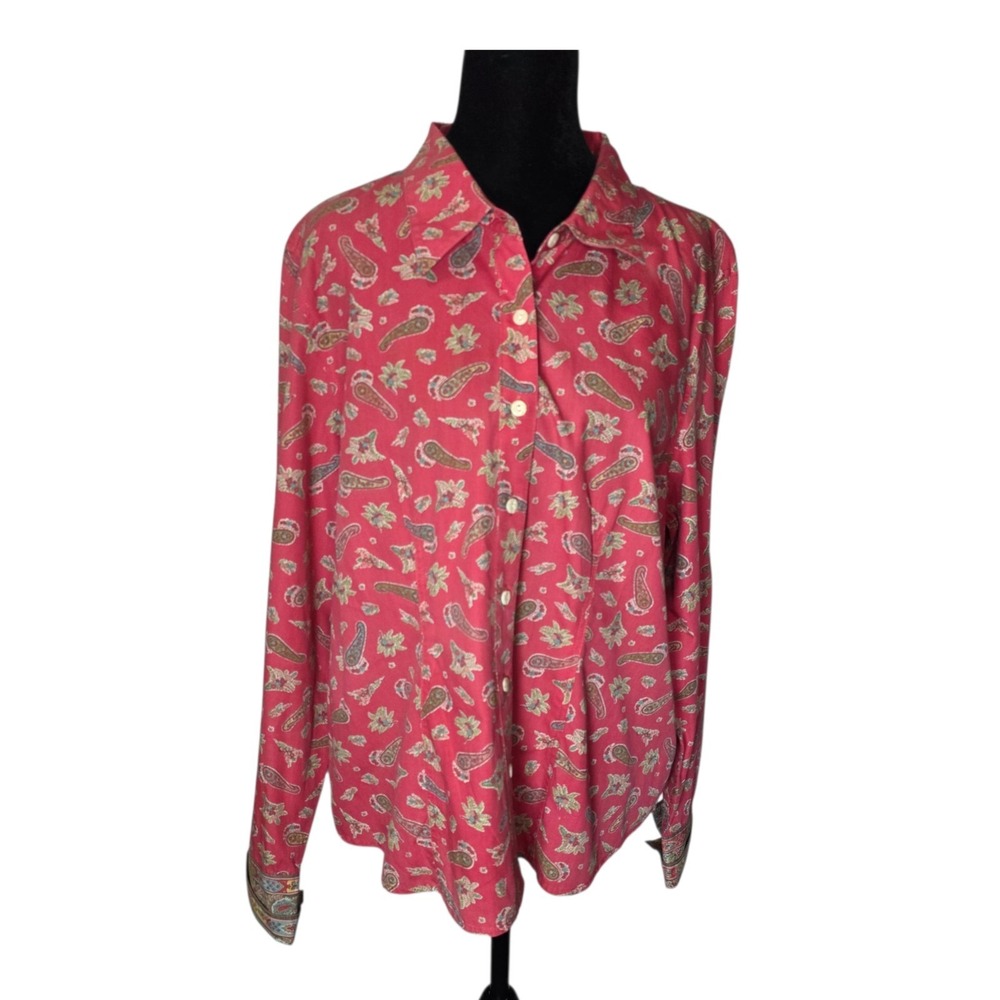 Liz Claiborne XL Coral Paisley Button Front Blouse Long Sleeve Lightweight